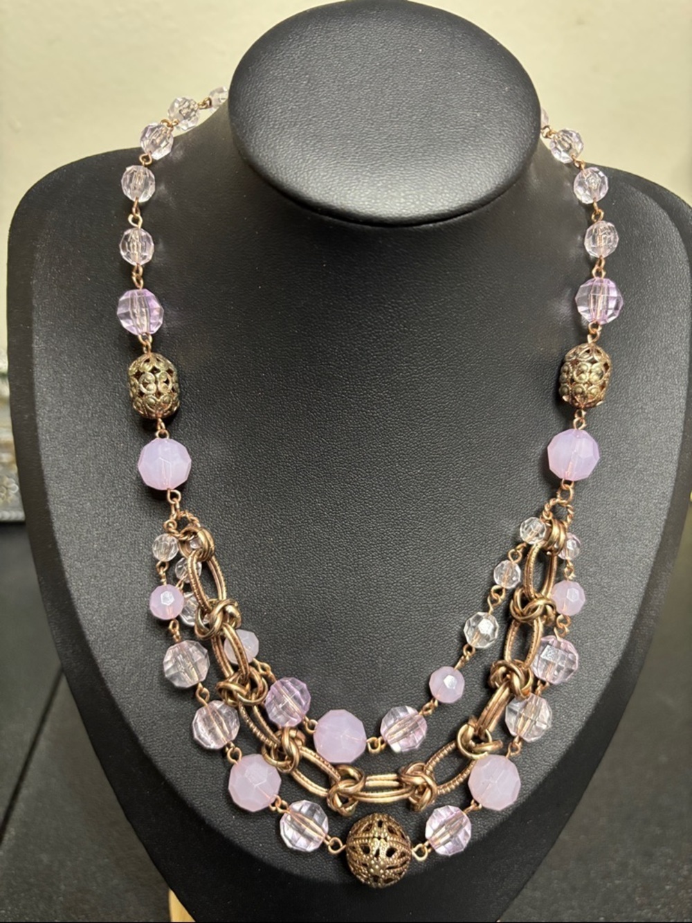 1928 Lavender Bead and Rose Gold-Tone Multi-Strand Necklace